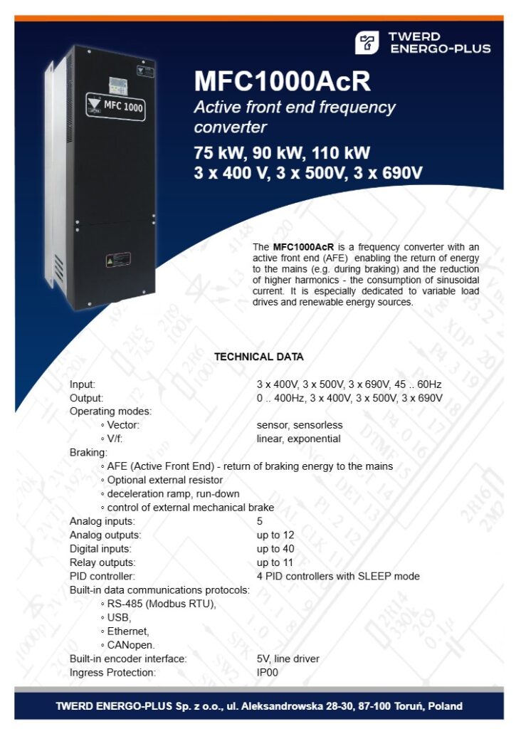 Ficha técnica y especificaciones del variador de frecuencia TWERD MFC1000AcR con tecnología Active Front End